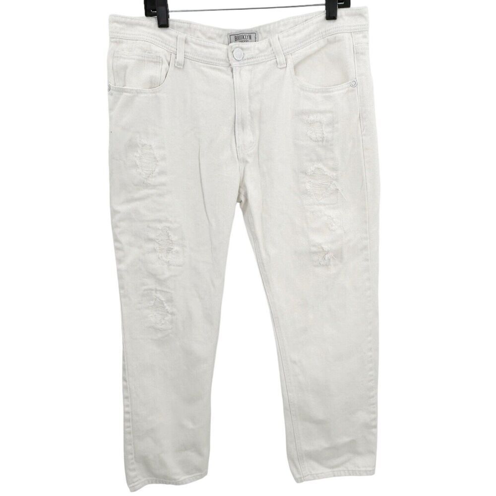 Brooklyn Express White Distroyed Distressed Jeans Size 36x30 Mens - Picture 1 of 12